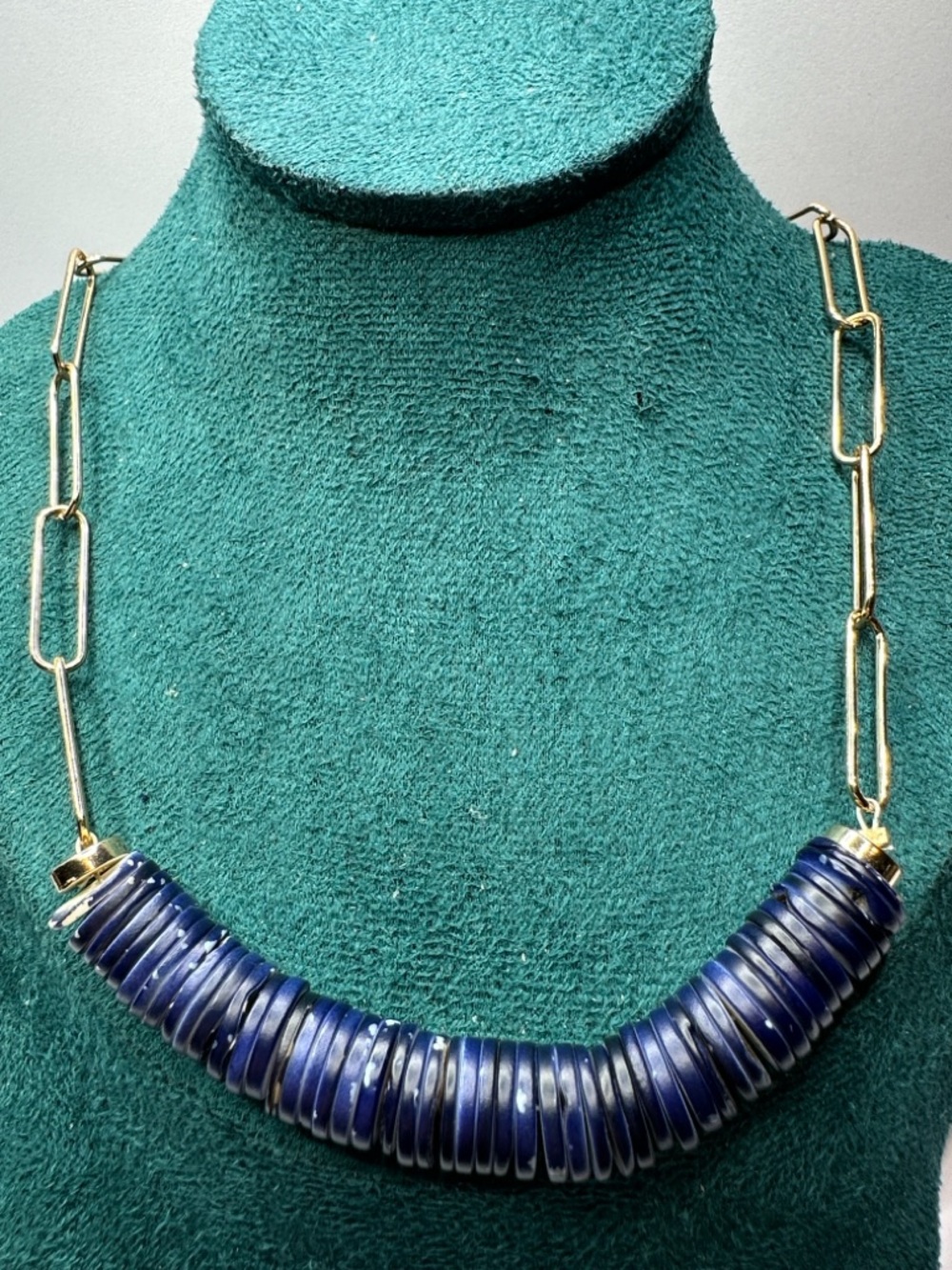 Gold Paperclip Chain Necklace with Navy Shell Disc Beads - Picture 6 of 6